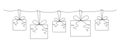 Gift boxes with bows hand drawing single line. Vector stock illustration isolated on background for design template