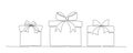 Gift boxes with bows hand drawing single line. Vector stock illustration isolated on background for design template