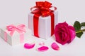 Gift boxes with bows, red ribbons, rose and petals. Royalty Free Stock Photo