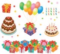 Gift boxes, cakes, baloons