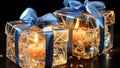 Gift boxes with candles inside in christmas fantasy concept. AI generated