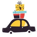 Gift boxes on the car. Merry christmas stylized typography. Vector flat style illustration Royalty Free Stock Photo