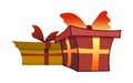 Gift boxes in cartoon style. Holiday presents in bright packaging decorated with bows