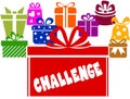 Gift boxes with CHALLENGE text.