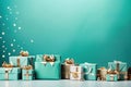 Gift boxes and Christmas decorations on a turquoise background. Festive frame for a greeting card. Selective focus. Space for copy Royalty Free Stock Photo
