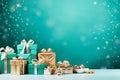 Gift boxes and Christmas decorations on a turquoise background. Festive frame for a greeting card. Selective focus. Space for copy Royalty Free Stock Photo