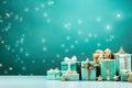 Gift boxes and Christmas decorations on a turquoise background. Festive frame for a greeting card. Selective focus. Space for copy Royalty Free Stock Photo