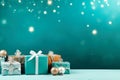 Gift boxes and Christmas decorations on a turquoise background. Festive frame for a greeting card. Selective focus. Space for copy Royalty Free Stock Photo