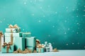 Gift boxes and Christmas decorations on a turquoise background. Festive frame for a greeting card. Selective focus. Space for copy Royalty Free Stock Photo