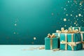 Gift boxes and Christmas decorations on a turquoise background. Festive frame for a greeting card. Selective focus. Space for copy Royalty Free Stock Photo