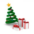 Gift boxes and christmas tree on white background. Isolated 3d illustration Royalty Free Stock Photo