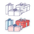 Gift boxes in color and outline. Presents isolated on white. Coloring book page for kids. Celebrate gift box decorations