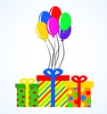 Gift boxes and colorful balloons over white background. colorful Royalty Free Stock Photo