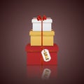 Gift boxes colorful stack tower with red ribbon, bow and tag