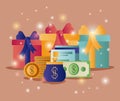 Gift boxes with commercial icons