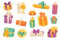 Gift boxes cute stickers isolated set Royalty Free Stock Photo