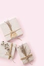 Gift boxes decorated dried flowers top view. Holidays present greeting concept Royalty Free Stock Photo