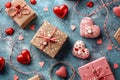 Gift boxes and decorations on Valentine`s Day, top view, pattern of red heart shapes on blue table or floor. Romantic home design