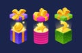 Gift Boxes With Different Assets And Magic Light Inside. Open Crates With Money Coin, Star and Question Sign Royalty Free Stock Photo