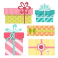 Five cute multicoloured gift boxes in cartoon style