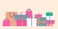 Gift boxes flat style. Presents and shopping bags, banner with decorative box and packaging. Vector congrats elements