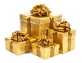 Gift boxes of gold color isolated on white background Royalty Free Stock Photo