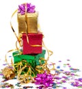 Gift boxes and gold ribbon Royalty Free Stock Photo