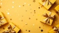 Gift boxes with golden bows and confetti on yellow background, top view