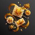 Gift boxes with golden bows ribbons and garlands on dark background Royalty Free Stock Photo