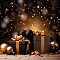 Gift boxes with golden christmas balls and confetti
