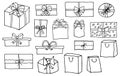 Gift boxes in hand drawn style, set. Vector illustration Royalty Free Stock Photo