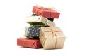 Gift boxes holiday present isolated on white. Colorful gift boxes stack. Christmas or birthday gift boxes group Royalty Free Stock Photo