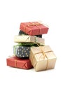 Gift boxes holiday present isolated on white. Colorful gift boxes stack. Christmas or birthday gift boxes group Royalty Free Stock Photo