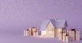 Gift boxes and house with stars on lilac background. Royalty Free Stock Photo