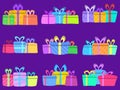 Gift boxes icon set in flat style. Surprise in a box. Compositions with gifts of different colors for advertising products, Royalty Free Stock Photo