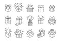 Gift boxes icons. Birthday present box with ribbon decoration. Outline gifting discount package, surprise parcel Royalty Free Stock Photo