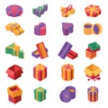 Gift boxes isometric color icons set. Christmas and New Year festive presents, birthday surprises packages with bows and Royalty Free Stock Photo