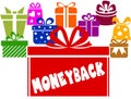 Gift boxes with MONEYBACK text.