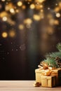 Gift boxes ornament a background bokeh of twinkling party lights decoration. New Year present. Christmas gift background Royalty Free Stock Photo