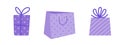 Gift boxes and paper bag, vector icon set. Bright closed presents with bow, ribbon, handles. Containers are packed in wrapping