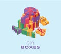 Gift boxes pile isometric color illustration. 3d presents stack, festive wrapped packages in different shapes isolated