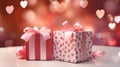 Gift boxes with pink bows and hearts on the background of bokeh effect