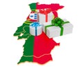 Gift boxes on the Portuguese map. Christmas and New Year holidays in Portugal concept. 3D rendering