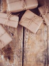 Gift boxes, postal parcels on wooden board Royalty Free Stock Photo