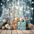 Gift boxes, present boxes,Christmas balls, fir branches on a wooden table on the background of festive bokeh.Christmas greeting Royalty Free Stock Photo