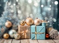 Gift boxes, present boxes,Christmas balls, fir branches on a wooden table on the background of festive bokeh.Christmas greeting Royalty Free Stock Photo