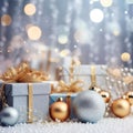 Gift boxes, present boxes,Christmas balls, fir branches on a wooden table on a snowy background of festive bokeh. Christmas Royalty Free Stock Photo