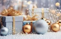 Gift boxes, present boxes,Christmas balls, fir branches on a wooden table on a snowy background of festive bokeh.Christmas Royalty Free Stock Photo