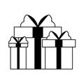 Gift boxes present cartoon isolated in black and white