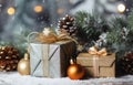 Gift boxes, present boxes,Christmas balls, fir branches,cones on a wooden table on the background of festive bokeh.Christmas Royalty Free Stock Photo